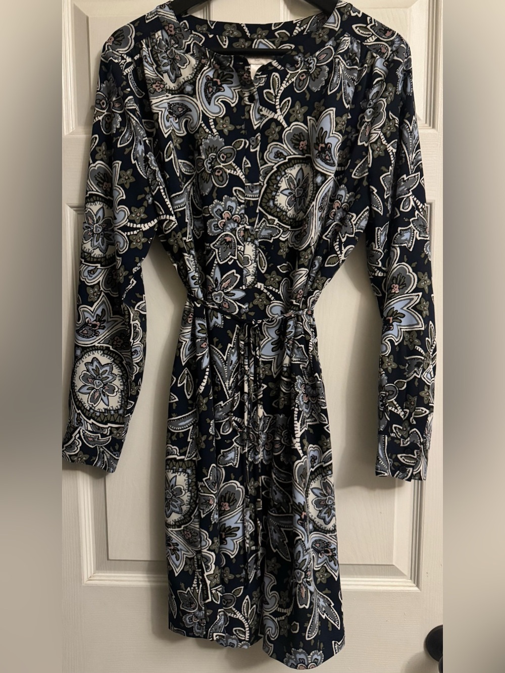 LOFT Navy Paisley Tie-Waist Long Sleeve Dress